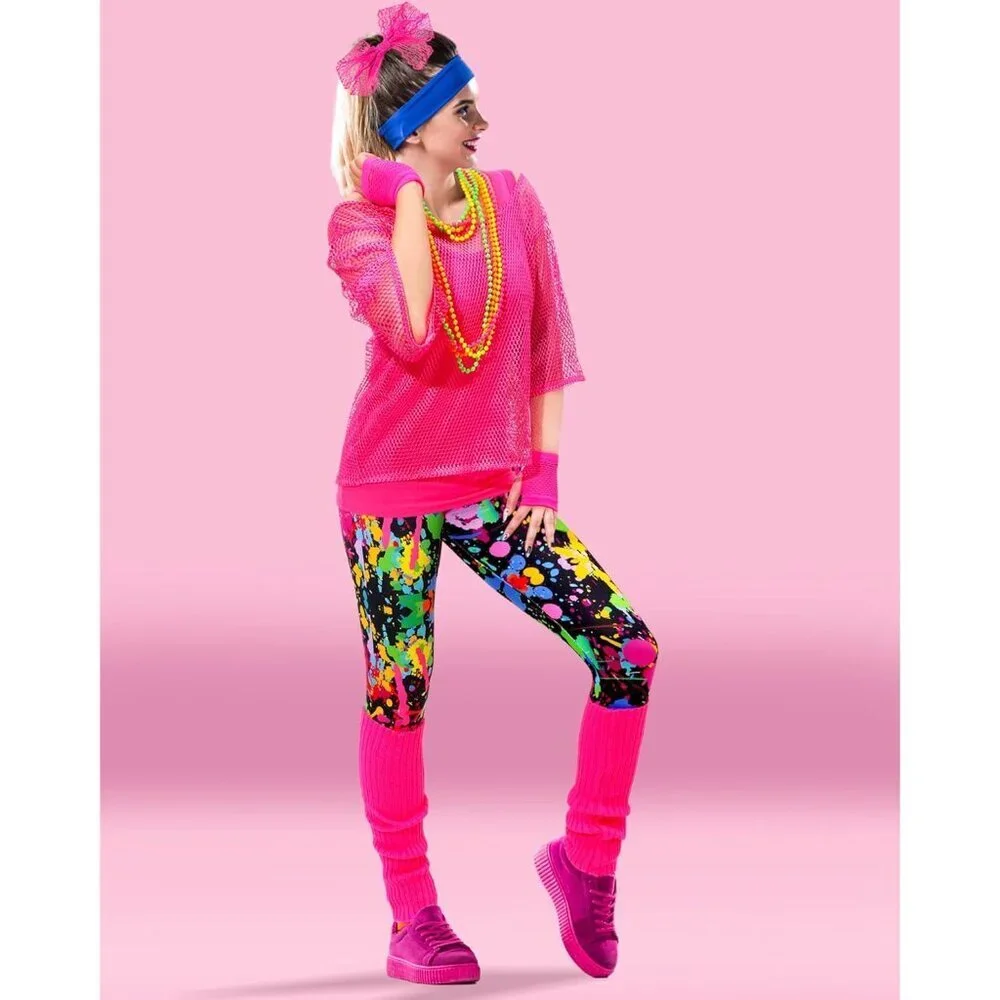 80s Costume Accessories for Women Neon Fishnet Shirt Leggings Vests Gloves